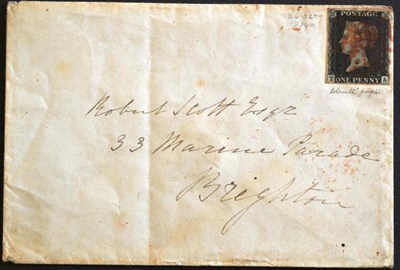 Lot 526 - Great Britain. October 26th 1840 cover to Brighton bearing 1840 1d black T-A, plate 1b, bleute...