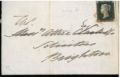 Lot 484 - Great Britain. 16 November 1840 entire to Brighton bearing 1d black C-K, plate 6 ?. Four...
