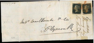 Lot 485 - Great Britain. 28 November 1840 entire to Plymouth bearing two 1840 1d blacks J-J (three...