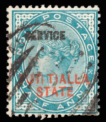 Lot 168 - Indian Convention States - Patiala. 1885 - 1890 1/2a blue-green. Overprint variety...