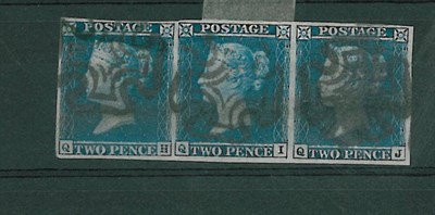 Lot 251 - Great Britain. 1841 2d blue horizontal strip of three QH/QJ, four good margins. used with black...