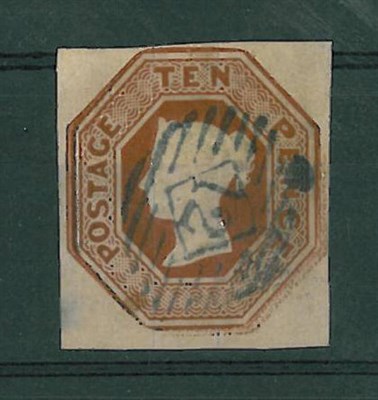 Lot 253 - Great Britain. 1848 10d embossed. Cut square, four margins, used. Small thin on reverse