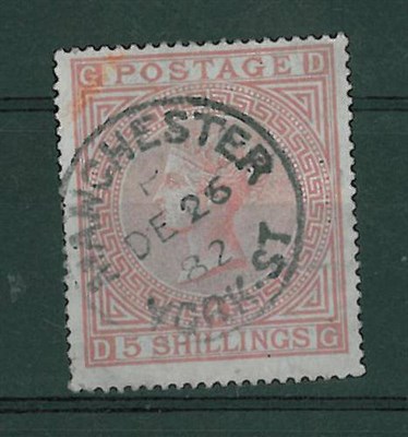 Lot 256 - Great Britain. 1882 5s D-G Wmk Anchor, well centred. Manchester De 26 82