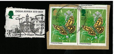 Lot 272 - Great Britain. 1981 Butterflies 25p horizontal used pair on small piece, with gold (Queen's...