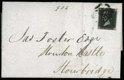 Lot 291 - Great Britain. February 15 1841 outer letter sheet bearing 1d black H-K, four margins tied by black