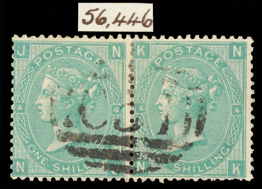 Lot 362 - Nicaragua - Great Britain Used In. A Great Britain 1865 1s green plate 4 horizontal pair NJ/NK used