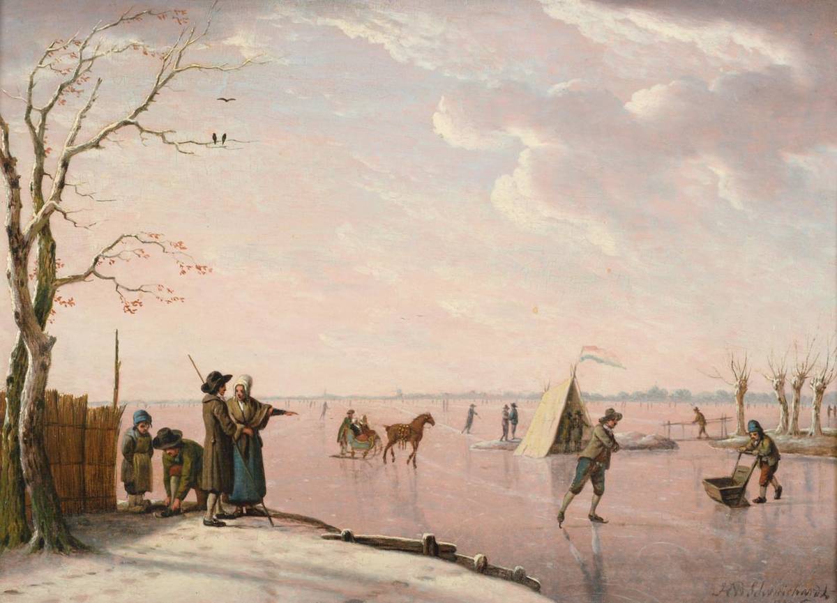 Lot 737 - Heinrich Wilhelm Schweickhardt (1746-1797) German Frozen river landscape with figures skating...