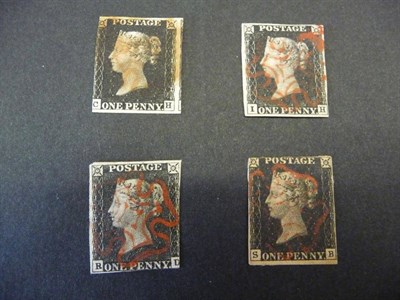 Lot 183 - Great Britain. Four 1840 1d blacks, all used with red Maltese crosses ?-H, I-H, R-D and S-B. Faults