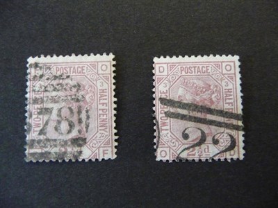 Lot 197 - Great Britain. Two 1873 -1882 1/2d rosy mauve D-O and P-O, watermark small anchor, used