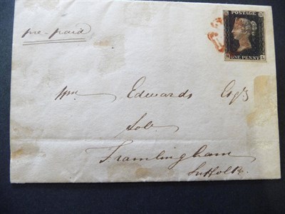 Lot 232 - Great Britain. October 1840 entire to Suffolk, bearing 1d black H-L, four margins tied by red...