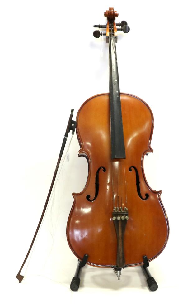 Lot 2002 - Cello 27 1/2"; two piece back, label reads 'Copy of Stradivari Made in Korea', with bow stamped...