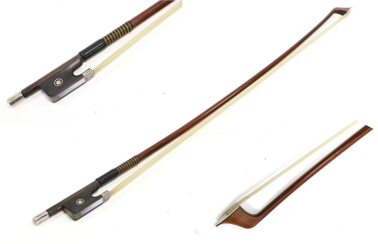 Lot 2008 - Cello Bow Stamped Emile Ouchard length excluding button 699mm, silver mounted with mother of...