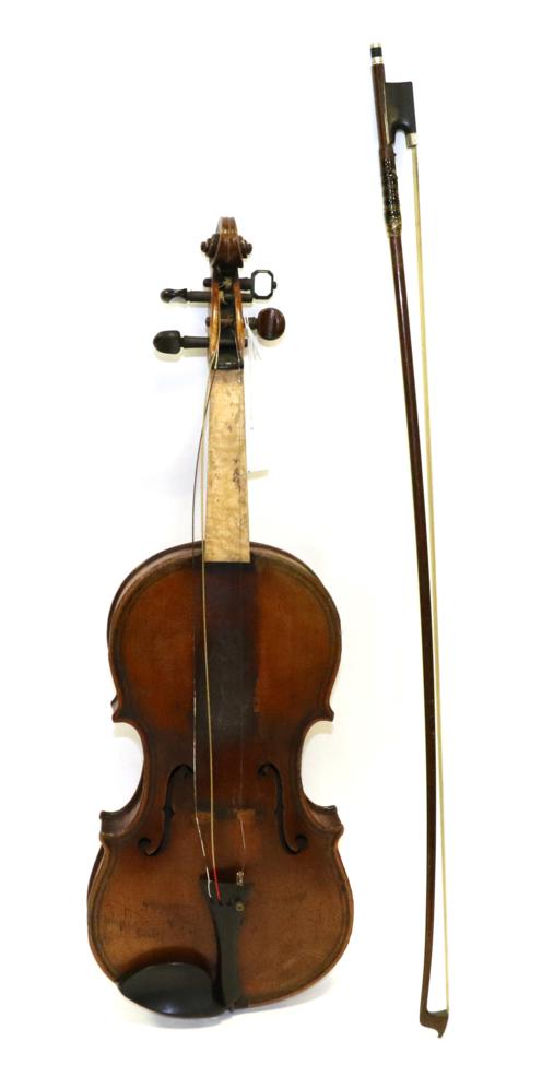Lot 2020 - Violin 14 1/2"; two piece back, no label, double purfling to front and rear, cased with bow