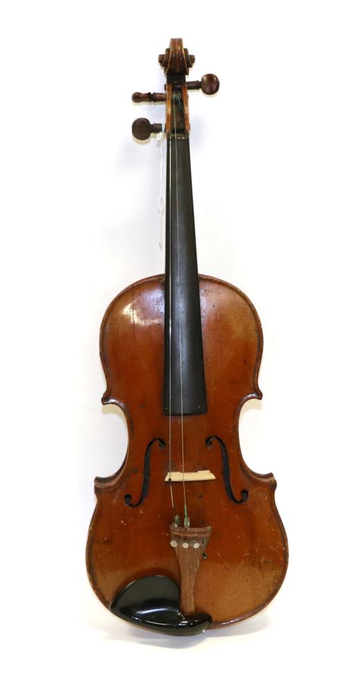 Lot 2025 - Violin 14 1/4"; two piece back, ebony fingerboard, mismatched pegs one missing, no label, cased...