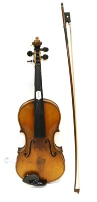 Lot 2027 - Violin 14 1/4"; two piece back, ebony fingerboard, no label, cased with bow and two tailpieces...