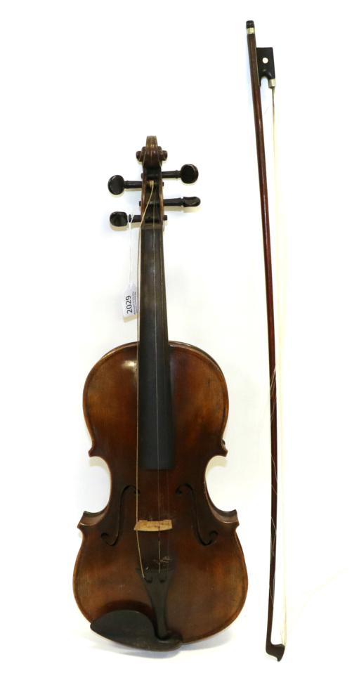 Lot 2029 - Violin 14 1/4"; two piece back, no label, decorative pattern inlay down back, cased with bow