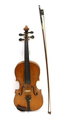 Lot 2030 - Violin 14 1/8 two piece back, ebony fingerboard and pegs, no maker's name or label (cased with bow)
