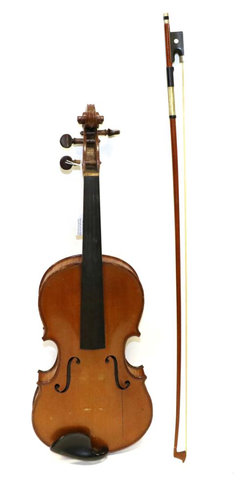Lot 2037 - Violin 14 1/8"; two piece back, no label, ebony finger board, cased with bow
