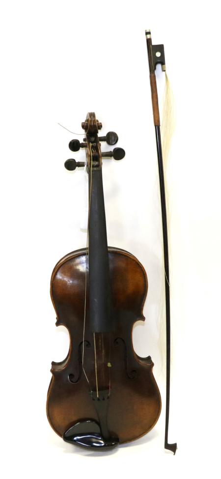 Lot 2038 - Violin 14 1/8"; two piece back, no label, ebony fingerboard and tailpiece, cased with bow