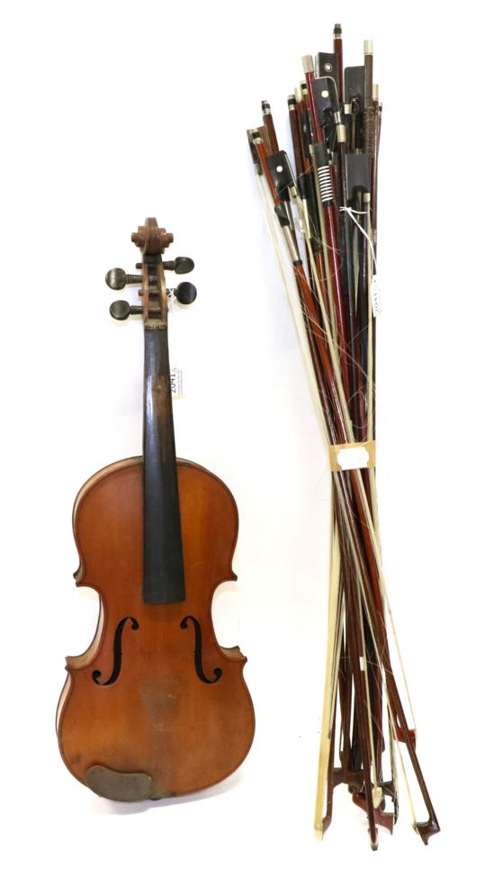 Lot 2041 - Violin 14"; one piece back (cased) (requires repair and restoration) together with a bundle of...