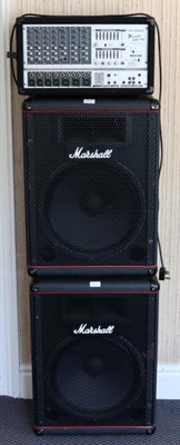 Lot 2079 - Marshall P6115H Speakers 175w RMS, a pair, together with a Phonic Power Pod 740 powered mixer...