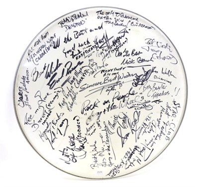Lot 2125 - Bass Drum Skin From The Beatles Fan Club approximately 15-20 year old, signed by mainly...