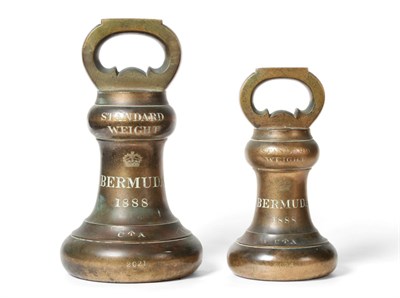 Lot 2195 - Bermuda Brass Bell Weights 56lb and 28lb, both with numerous inscriptions including 'VR' with...