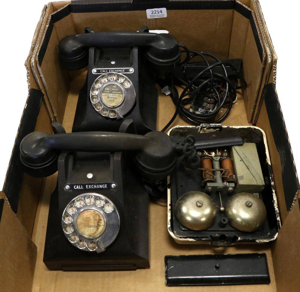 Lot 2214 - GPO Telephones Two 312L Examples both in black together with a wall mounted bell set (3)