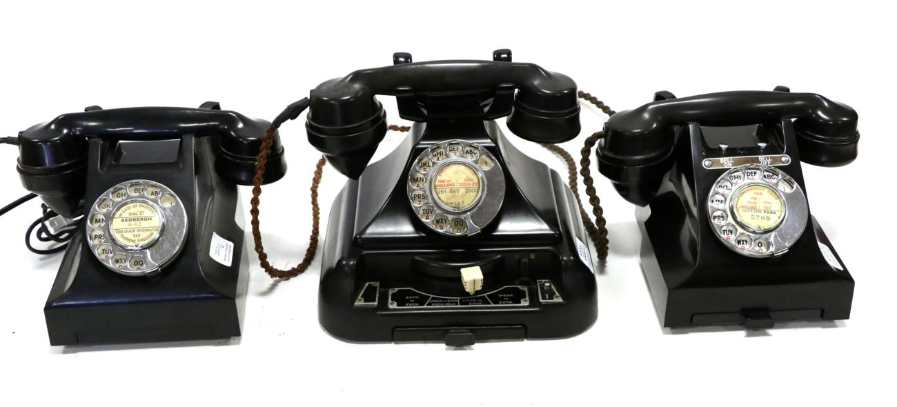 Lot 2221 - Telephones Three Black Bakelite Examples 312L, 332L and another with Bell Set 39A (3)