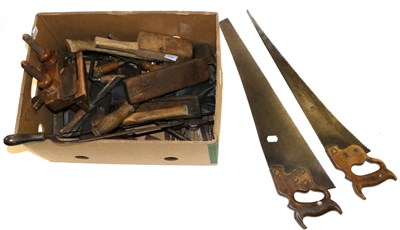 Lot 2232 - Various Woodworking Tools including Sorby chisels, an Atkins saw, axe, drill bits, hammers and...