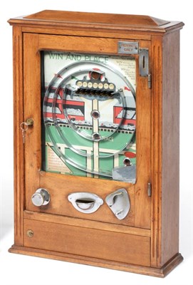 Lot 2239 - Allwin Win And Place Wall Mounted Gaming Machine taking 'Pennies Only' in oak cabinet with...