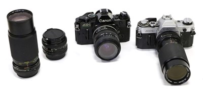 Lot 2259 - Canon AE1 Program Camera black with Tamron f3.5-4.5 28-70mm lens; AE1 silver with Vivitar f4.5...