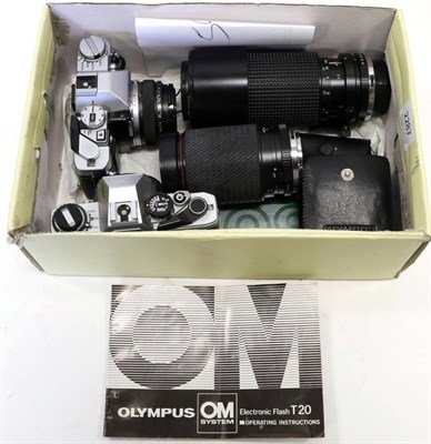 Lot 2287 - Olympus Cameras OM10 body only; OM30 with F.Zuiko f1.8 50mm lens; Tokina RMC f5.6 100-300mm...