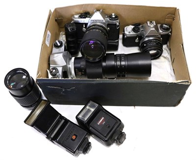 Lot 2295 - Pentax Three Cameras ME F with Osawa MC f3.5-4.5 35-105mm lens; ME Super with Pentax-M f1.7...