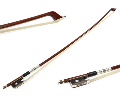 Lot 5004 - Cello Bow length excluding button 700mm, wood stick, horn frog and band on button and abalone slide