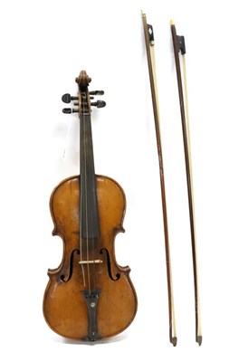 Lot 5035 - Violin 14.25"; two piece back, ebony pegs, probably German, cased with two bows