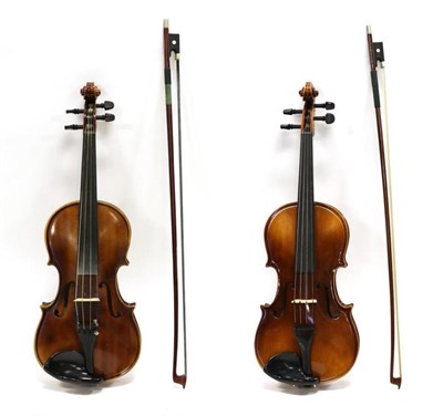 Lot 5040 - Violin child size 13 1/8"; two piece back Made in West Germany, cased; together with another Violin