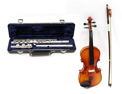 Lot 5049 - Flute B&H 400 in case, together with a child's violin with 10"; back (cased) (2)