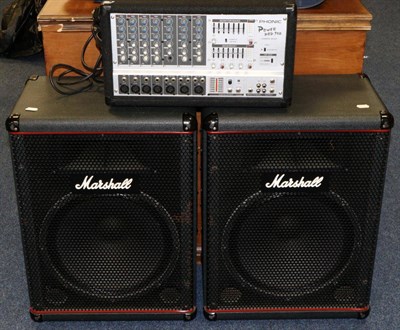 Lot 5064 - Marshall P6115H Speakers 175w RMS, a pair, together with a Phonic Power Pod 740 powered mixer...