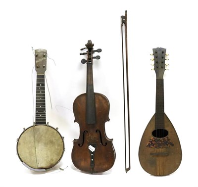 Lot 5079 - Three Instruments Banjolele with name in headstock 'Riselonia' (cased) Bowl back Mandolin, no...