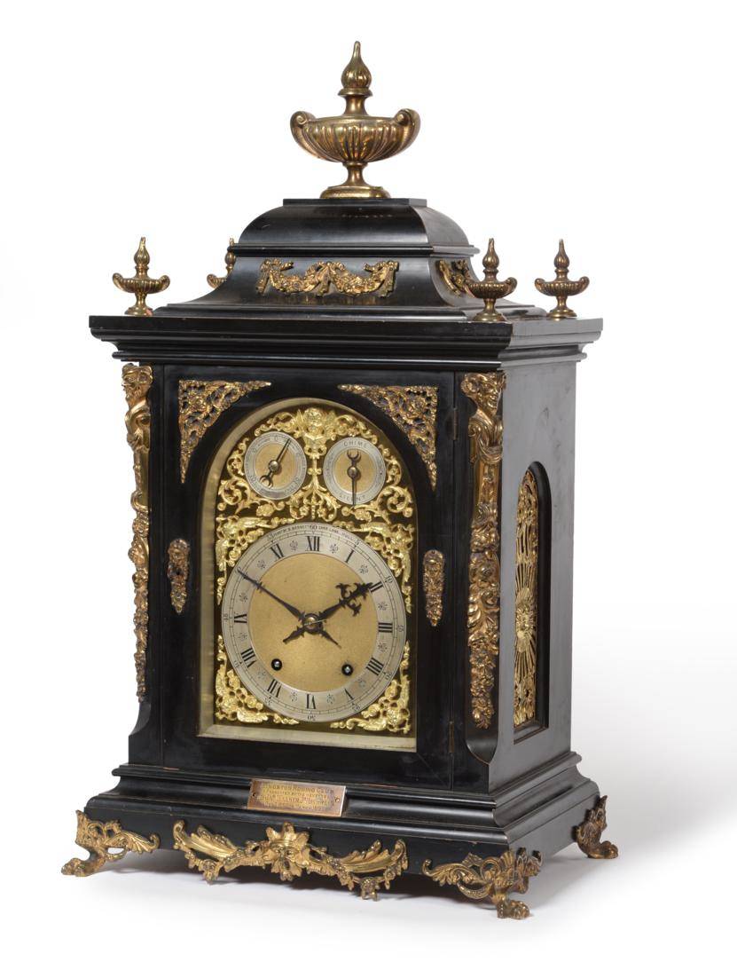 Lot 899 - An Ebonised Chiming Table Clock, examined by B Barnett, Carr Lane, Hull, circa 1890, inverted...