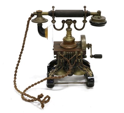 Lot 5120 - Peel Connor (?) Skeleton Telephone with brass gear wheel, on lacquered cast iron base