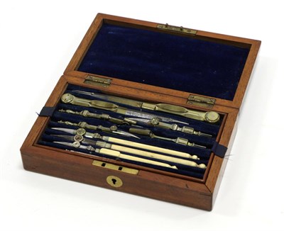 Lot 5125 - Set Of Drawing Instruments in mahogany case with lift out drawer; upper section contains compasses