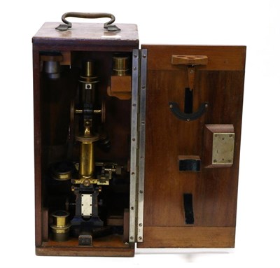 Lot 5155 - Carl Zeiss Jena Microscope No.25315, with brass barrel, three lens turret, course/fine...