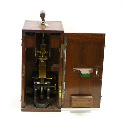 Lot 5160 - Henry Crouch Microscope with lacquered brass barrel, black lacquered tilting stand. three lens...