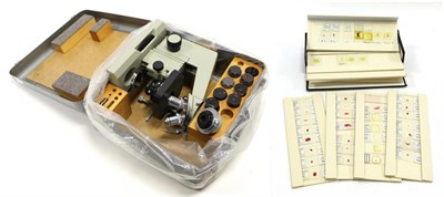 Lot 5161 - Lomo Biolam (USSR) D11U11 Microscope with four lens turret in steel box with accessories;...