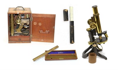 Lot 5162 - Microscope brass, barrel screws onto stand with single lens, adjustable stage (not functioning) and