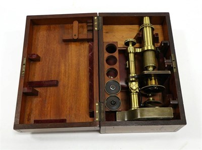 Lot 5163 - Microscope brass, with tilting stand, thumb wheel fine focusing and barrel slides in sleeve for...