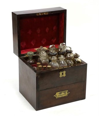 Lot 5177 - Apothecary Chest with top layer containing 12 glass bottles and 6 vials, lower drawer with lift our