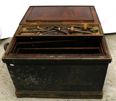 Lot 5187 - A Large Pine Tool box with Polished Mahogany Interior, with lift out trays, containing some tools